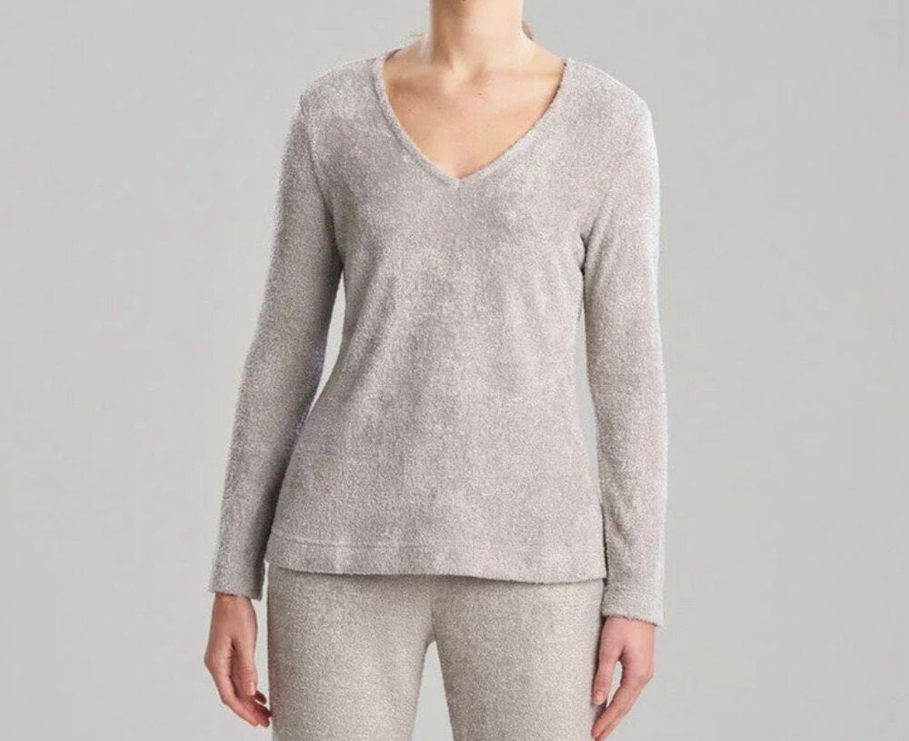 N Natori Women's Unwind V-Neck Soft Fleece Long Sleeve Top Gray XS NWT